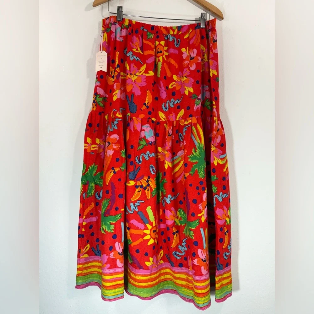 NWT Maison d’Amelie Hawaiian Multicolor Linen Boho Tiered Peasant Midi Skirt L